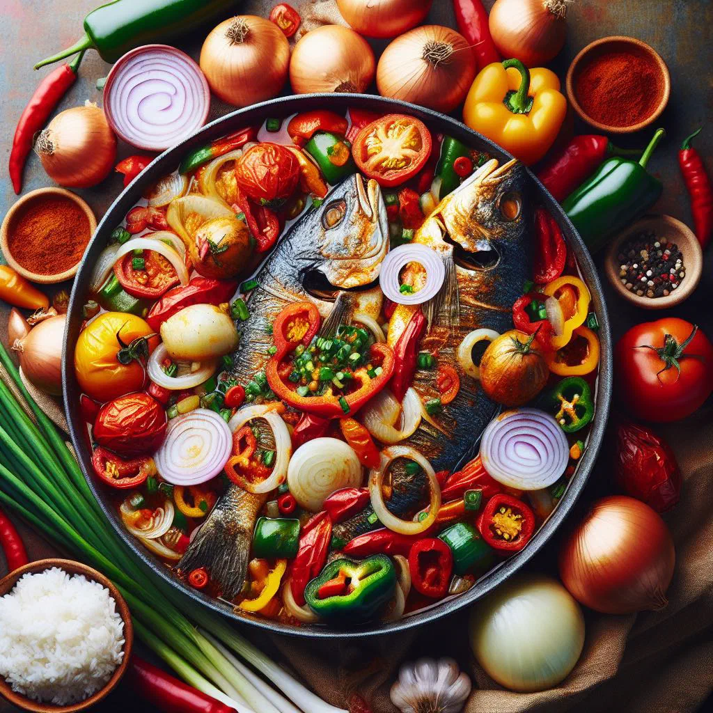Nigerian fish stew in a rich red tomato and pepper sauce, garnished with fresh herbs