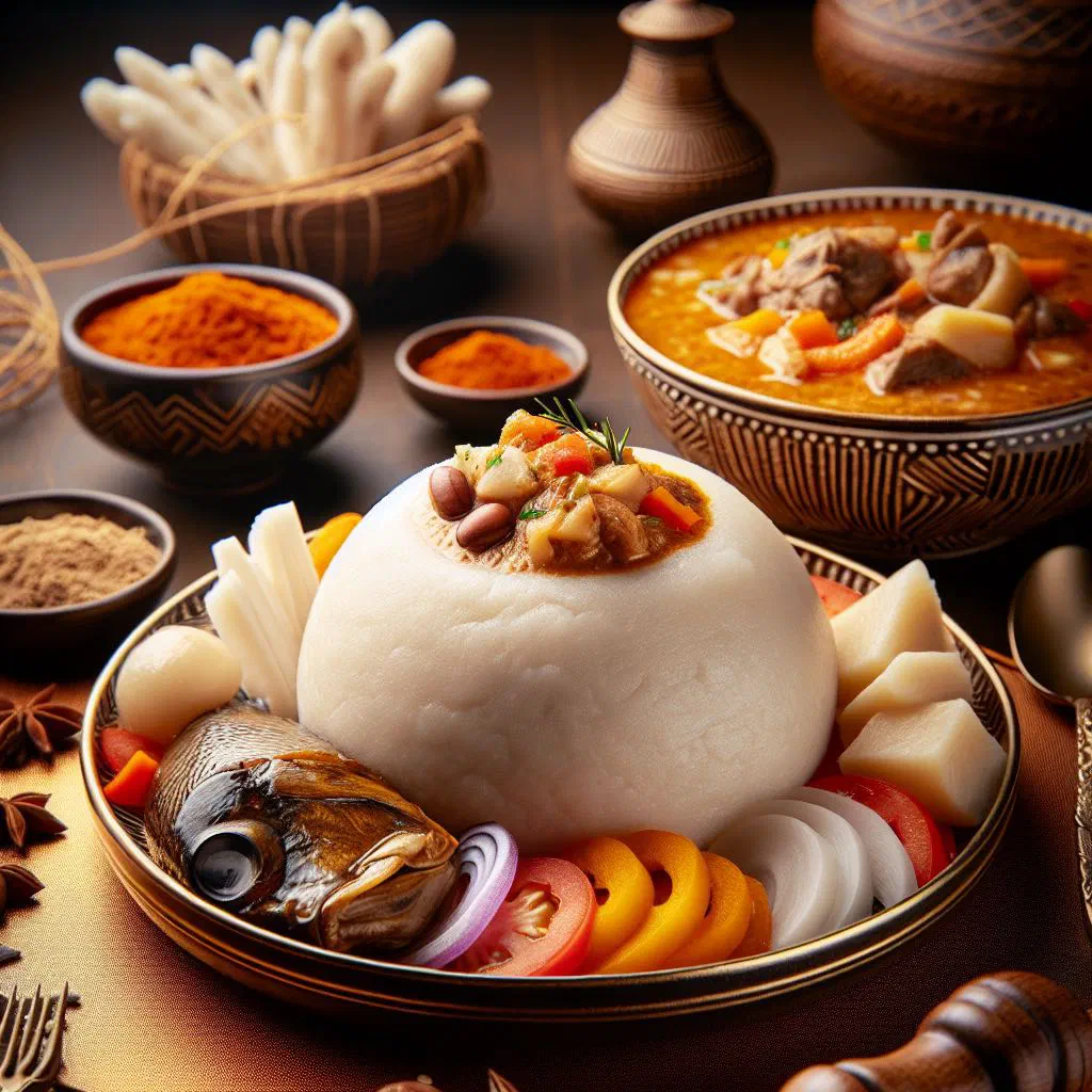 A bowl of rich Banga soup served with a soft mound of fufu
