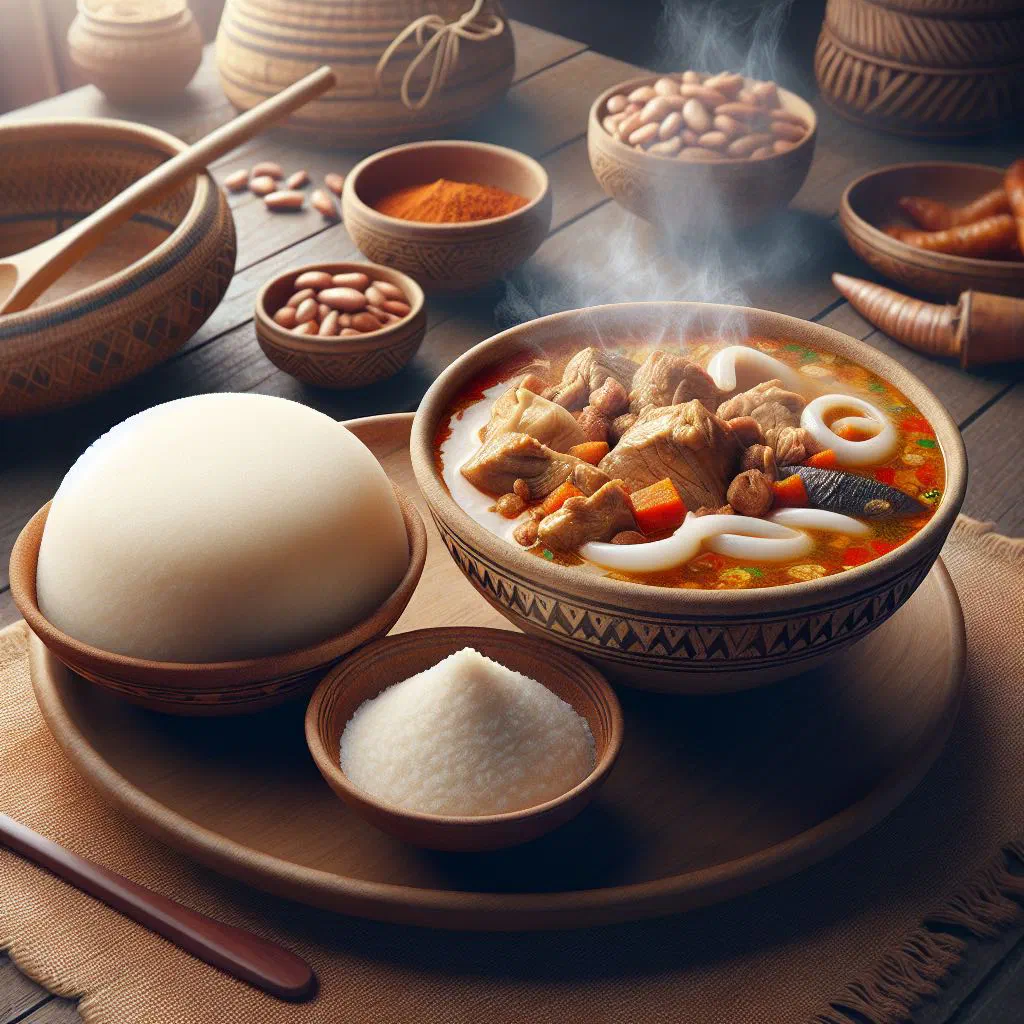A bowl of egusi soup with a mound of soft white fufu