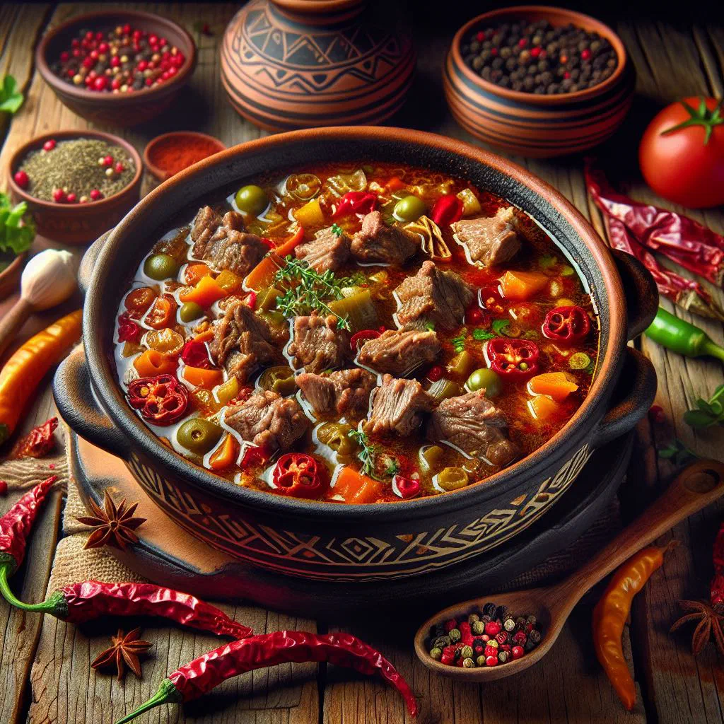 A steaming bowl of Nigerian goat meat pepper soup garnished with fresh herbs
