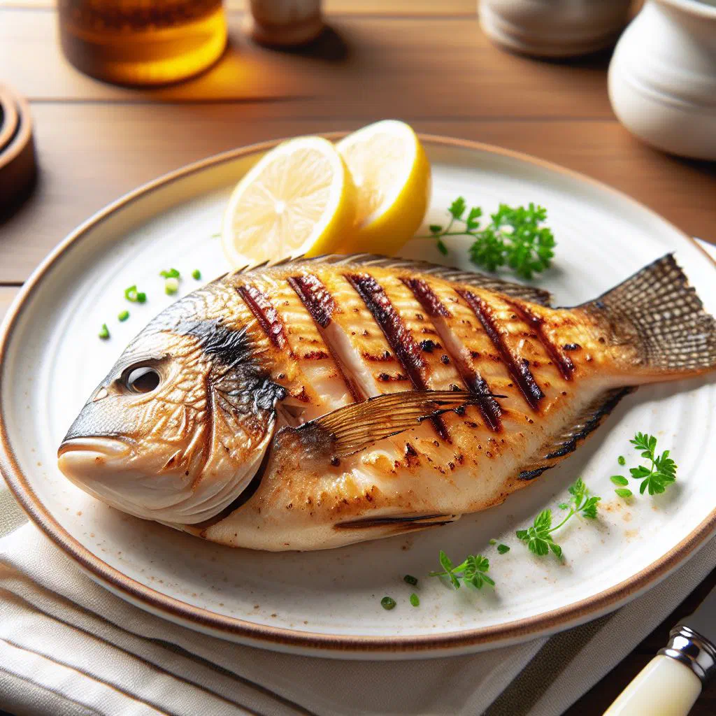 Grilled tilapia fillets garnished with fresh herbs and lemon