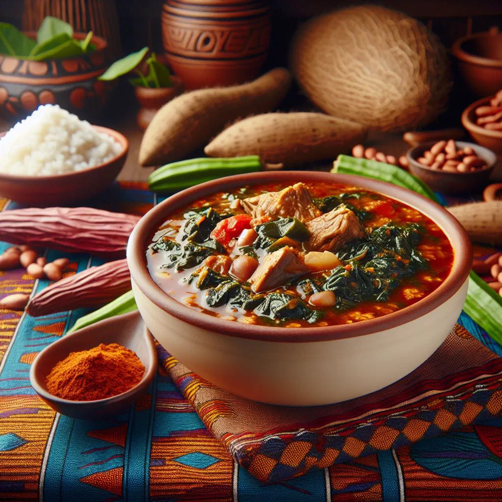 Bowl of Ila Alasepo okra soup with peppers and spices