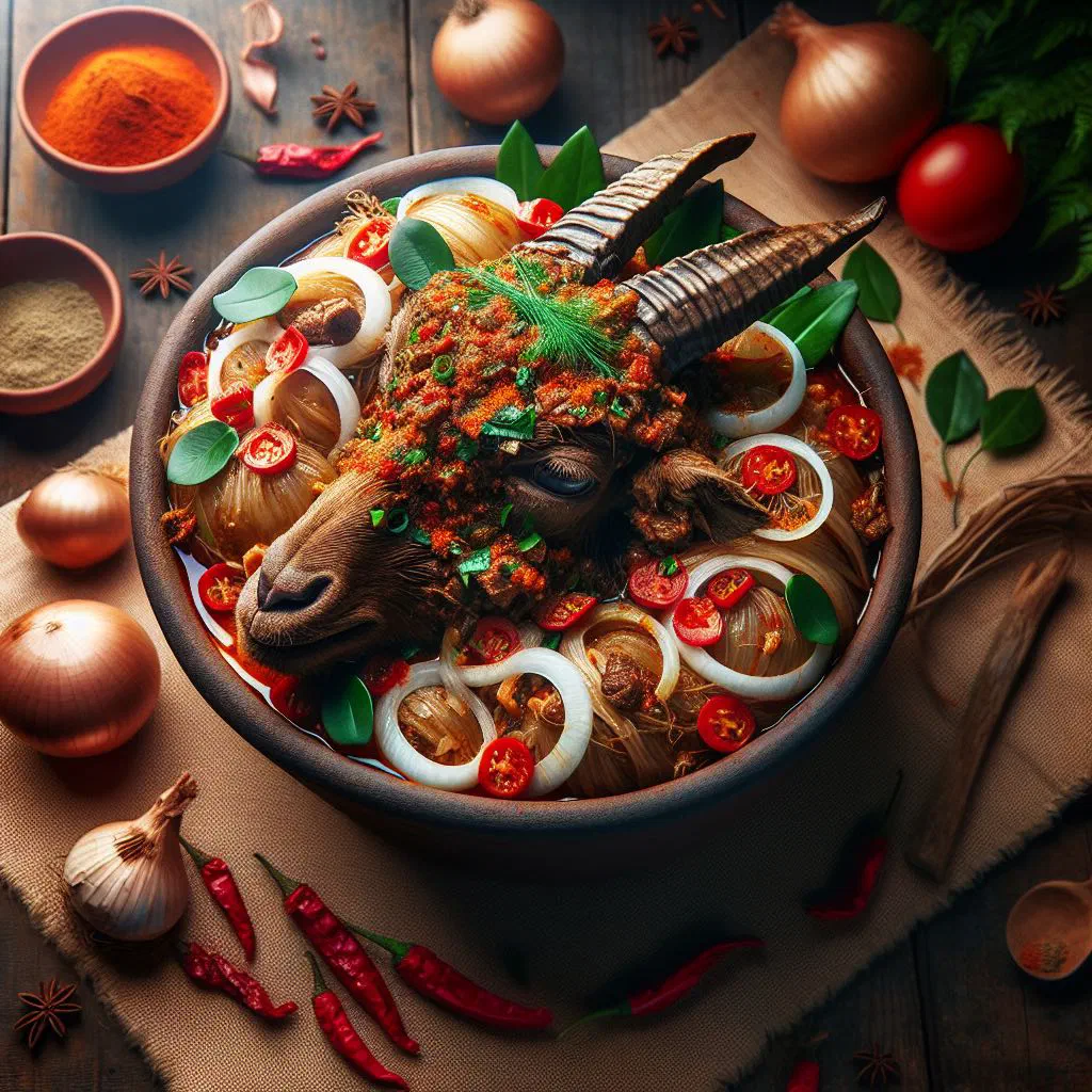 Isi Ewu served in a bowl with a rich, spicy peanut sauce