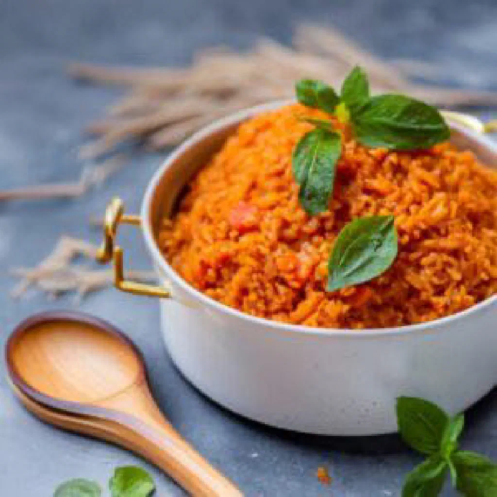 A bowl of vibrant red Nigerian jollof rice