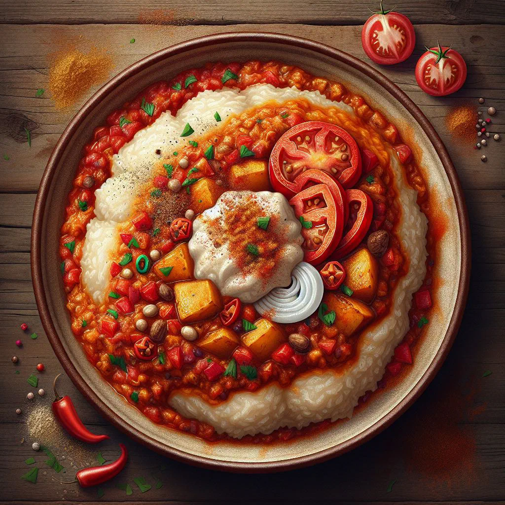 Jollof yam in a spiced tomato sauce garnished with fresh herbs