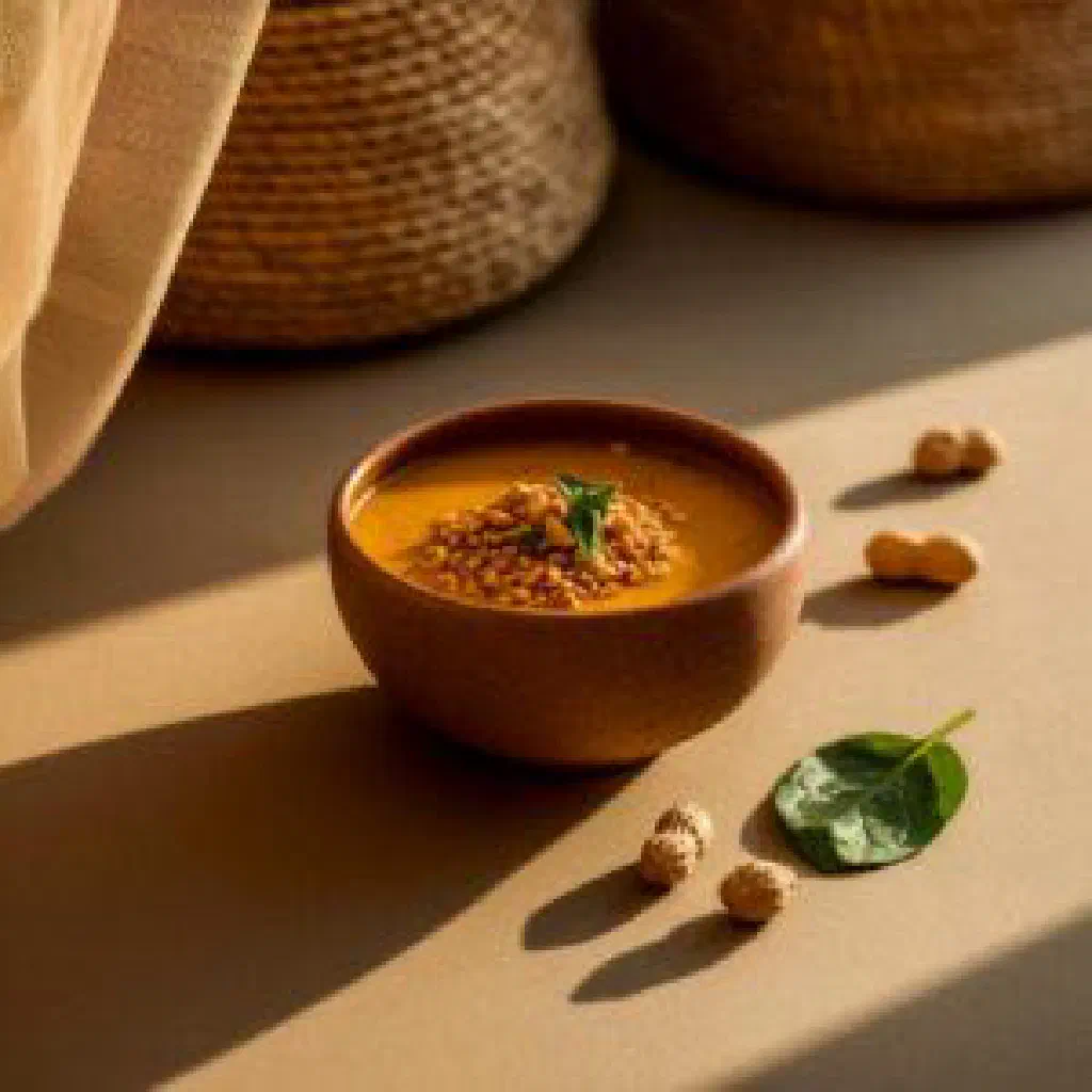 Bowl of creamy golden Miyan Taushe pumpkin and spinach soup