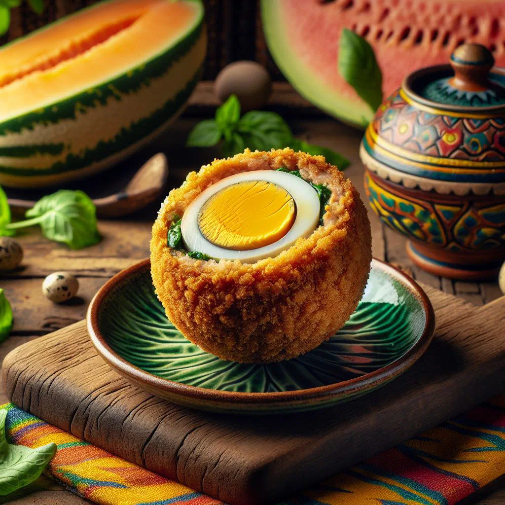 Halved Nigerian scotch egg showing a boiled egg wrapped in spiced minced meat and golden breadcrumbs