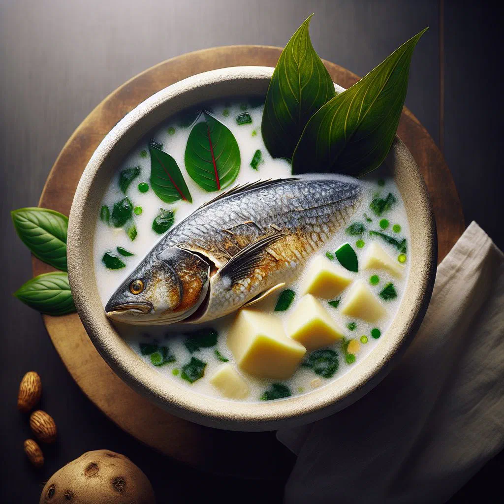 A steaming bowl of Nsala fish soup garnished with fresh herbs