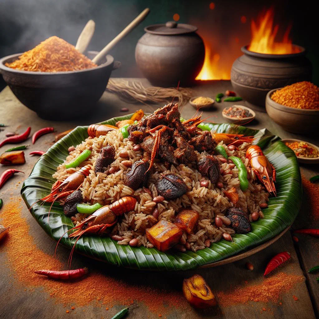 A bowl of ofada rice served with a rich, spicy pepper sauce