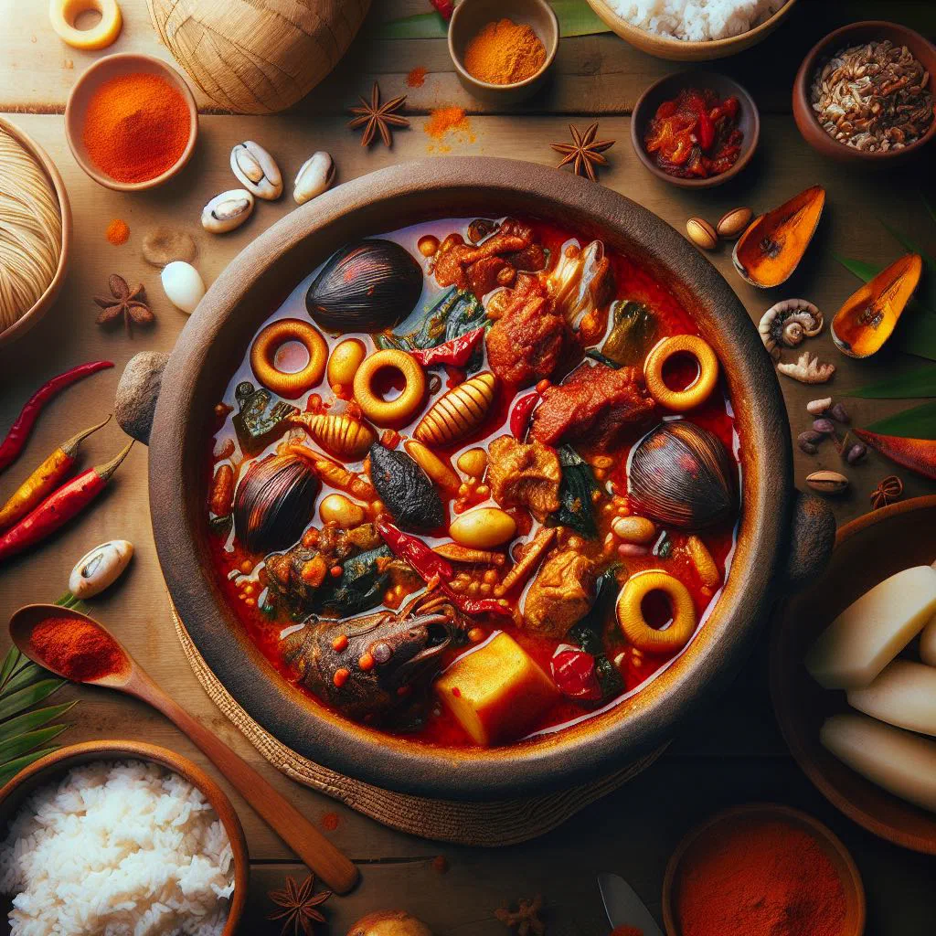 A bowl of Ofe Akwu, a rich tomato and palm oil stew with tender pieces of meat