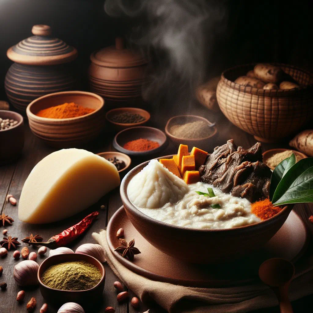 A bowl of Ofe Nsala white soup with tender meat and leafy greens