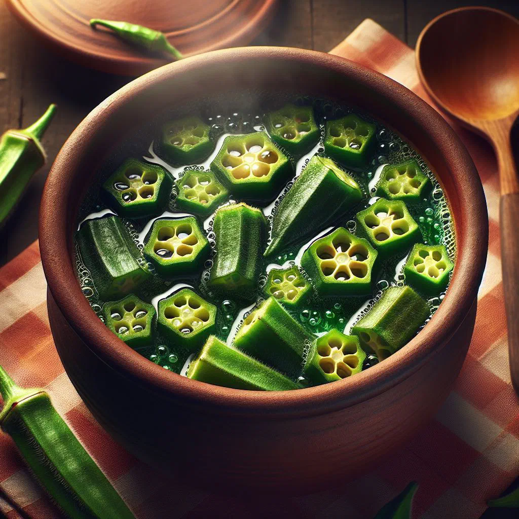 A bowl of Nigerian okra soup with meat in a rich palm-oil broth