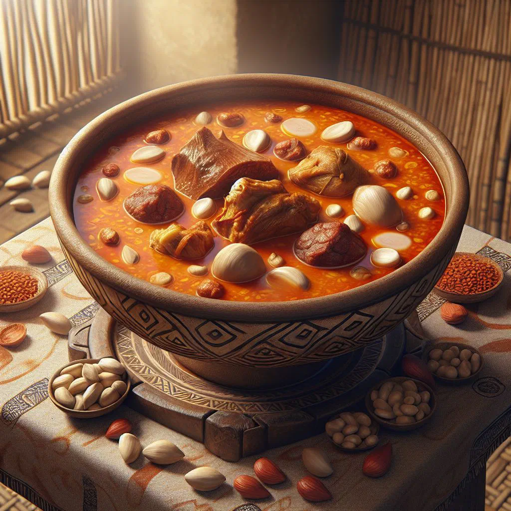 Rich, deep-red palm nut soup served in a bowl with tender pieces of meat