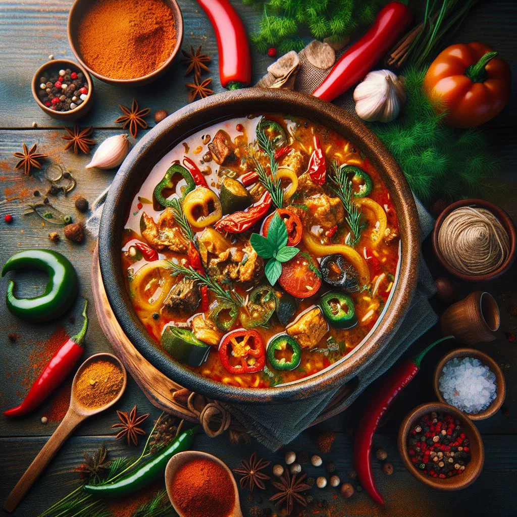 Spicy Nigerian pepper soup with tender meat in a rich, aromatic broth