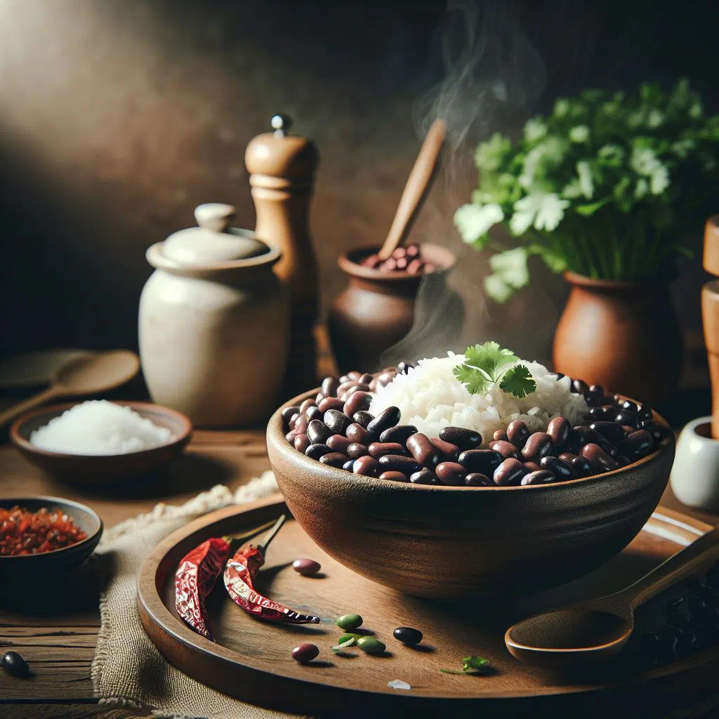 A bowl of Nigerian rice and beans garnished with fresh herbs