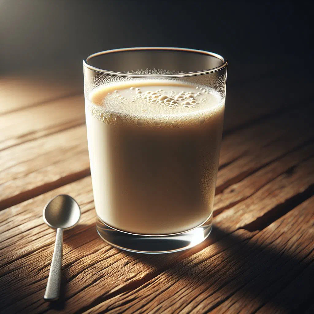 Glass of creamy homemade soya milk drink dusted with cinnamon
