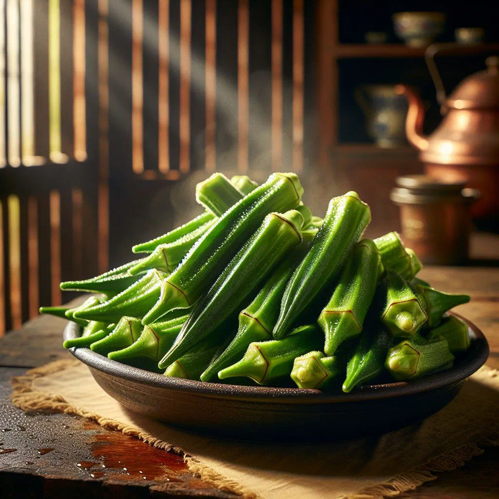 Steamed okra rings in a bowl with onion, garlic and chilli