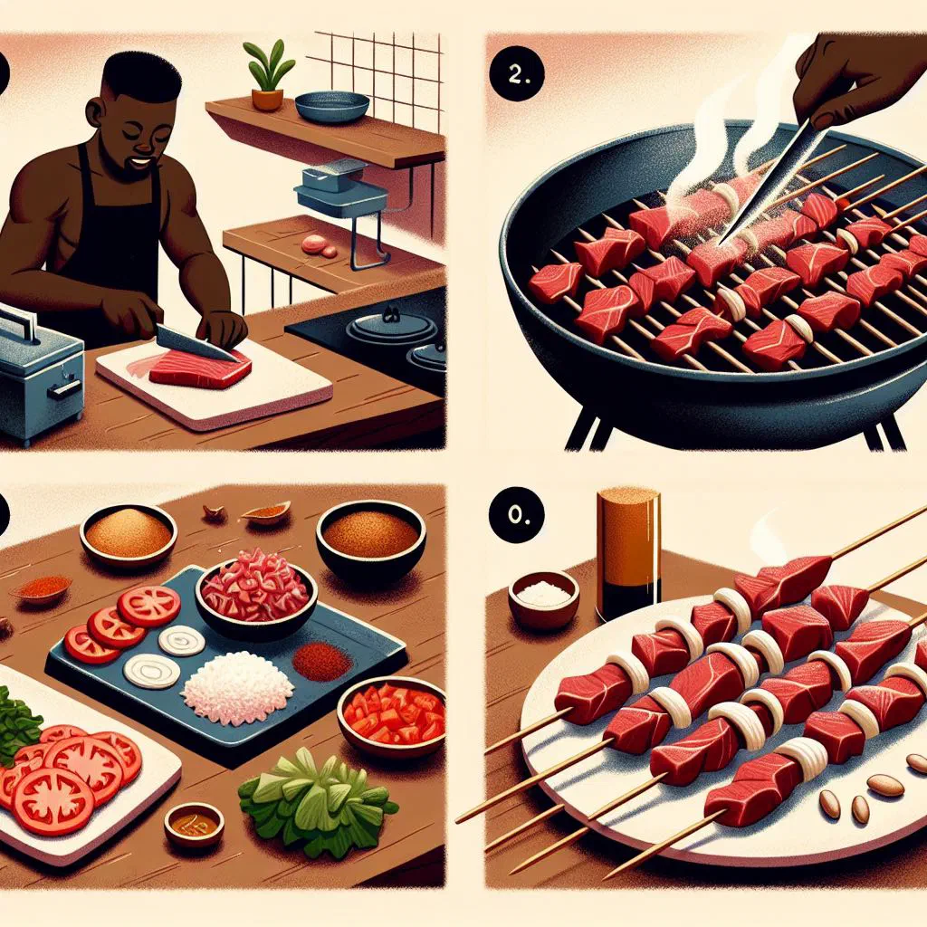 Skewers of spiced grilled suya beef with fresh vegetables