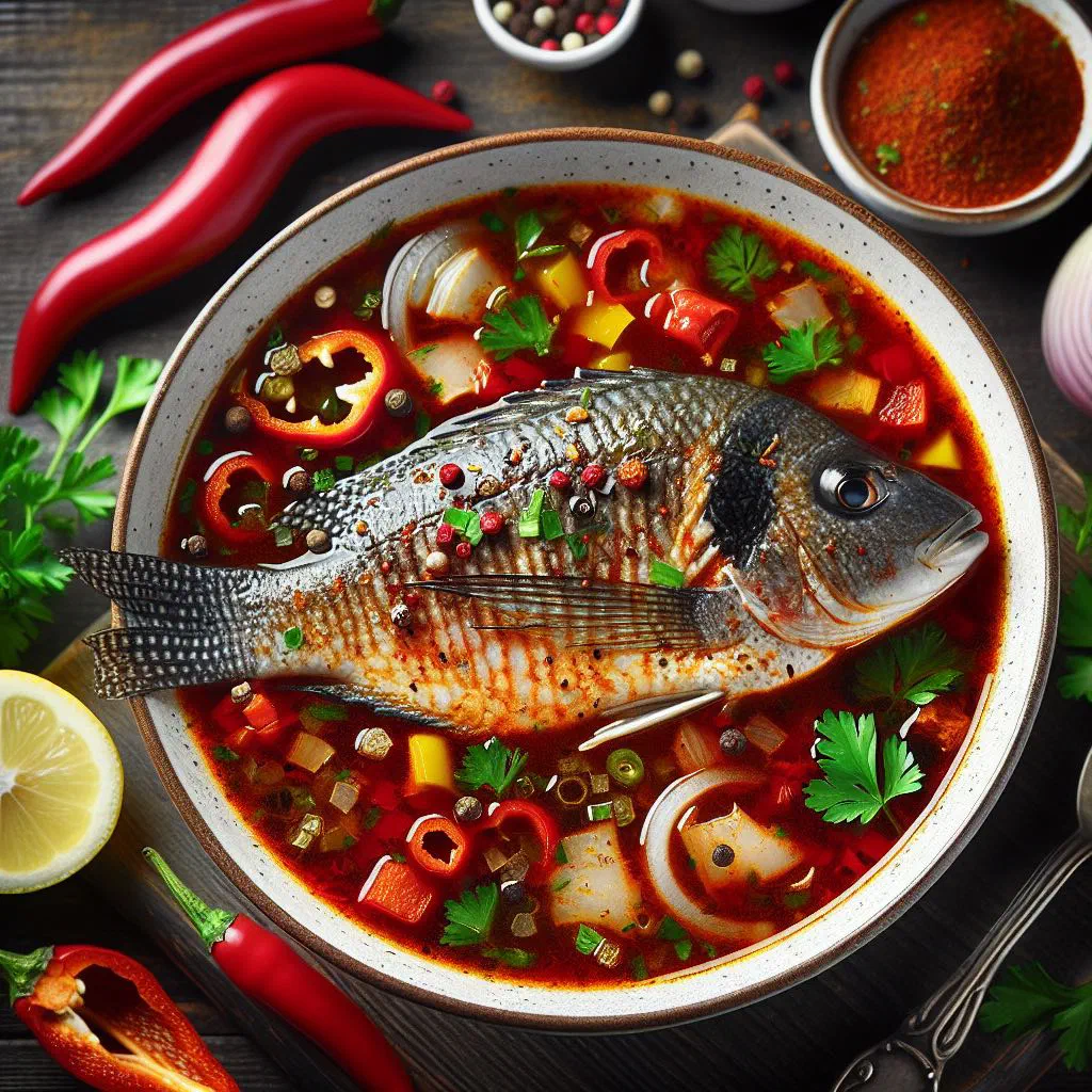 A steaming bowl of Nigerian tilapia pepper soup garnished with fresh herbs