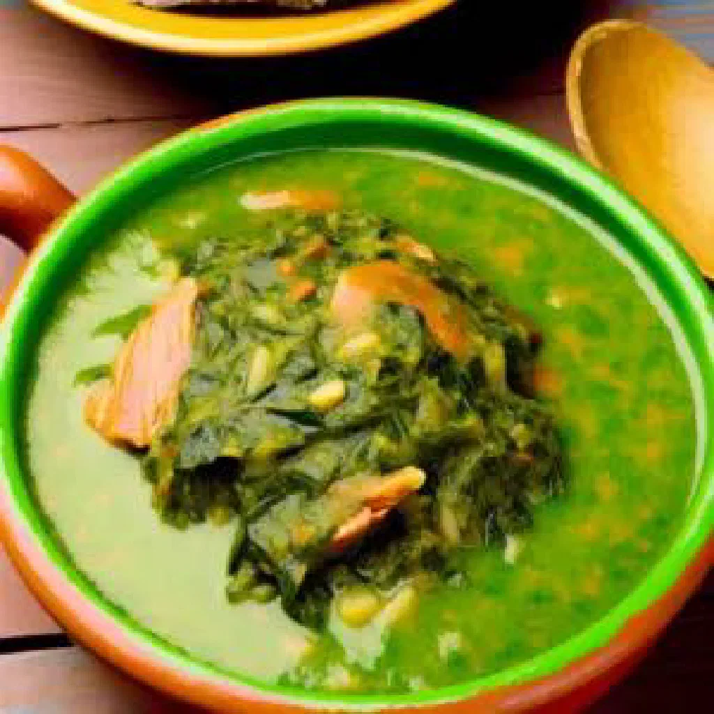 A bowl of Nigerian ugu soup with pumpkin leaves and tender meat