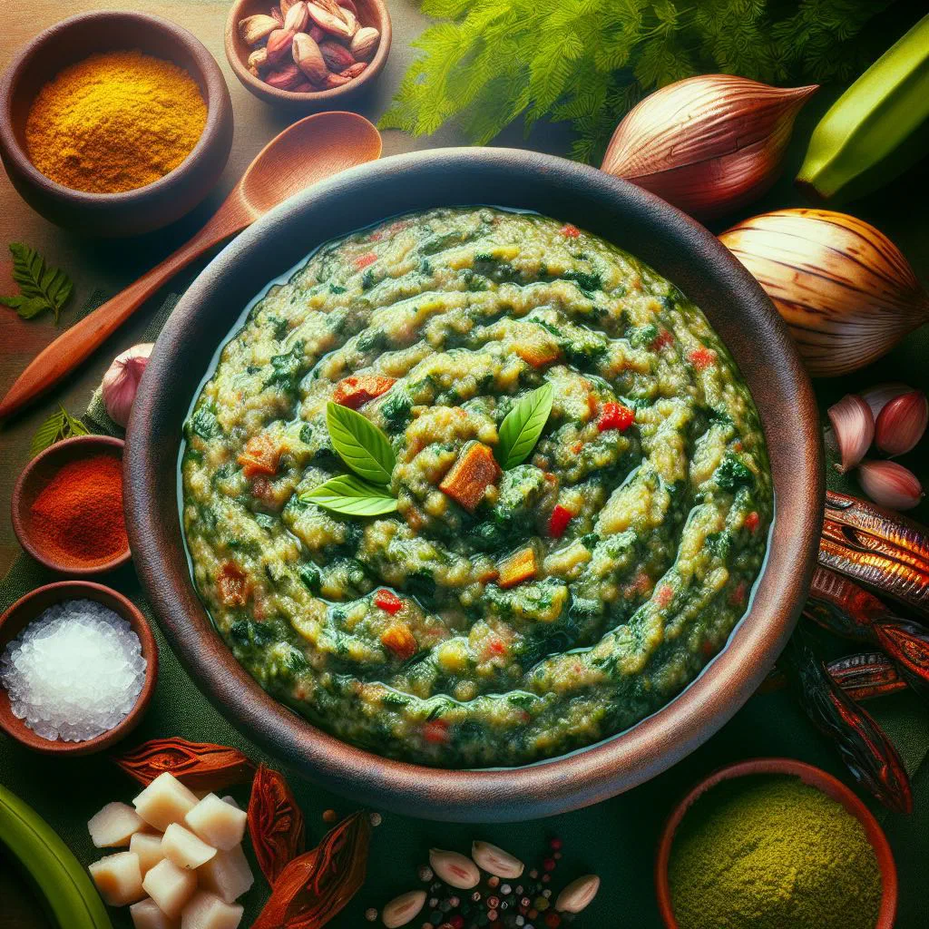 A bowl of Nigerian unripe plantain porridge topped with fresh herbs