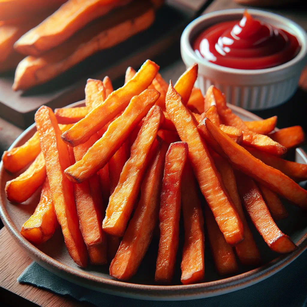 Golden yam fries piled on a plate with a dipping sauce
