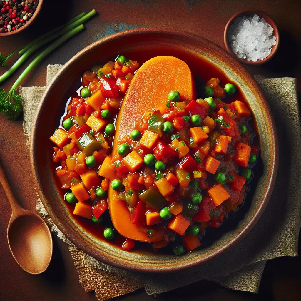 Boiled yam pieces served with a colourful vegetable sauce