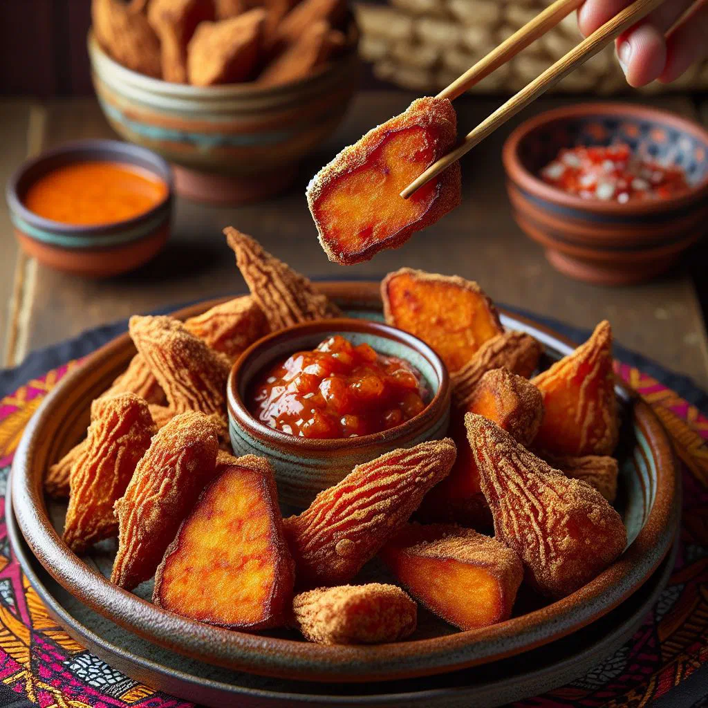 Golden fried Yamarita yam pieces served on a plate with dipping sauce