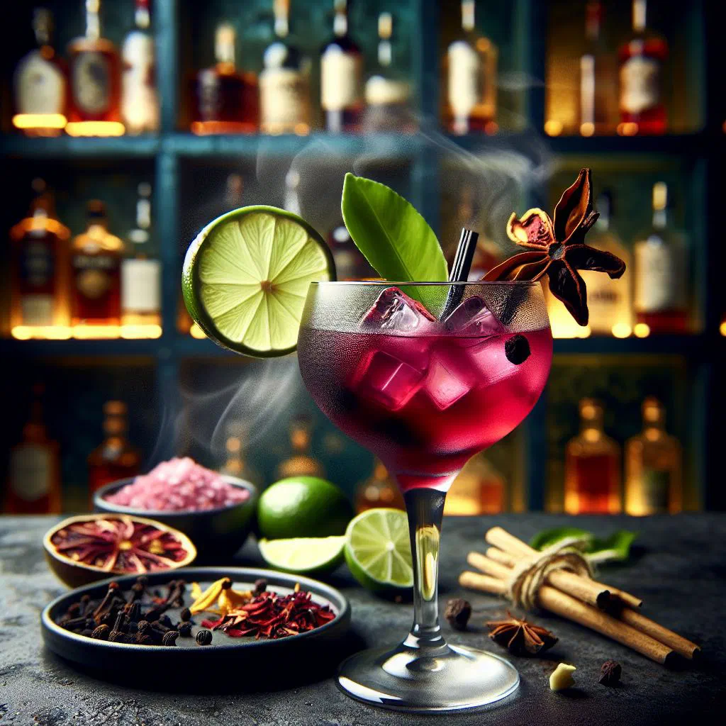 Glass of deep red Zobo cocktail garnished with lime and ice