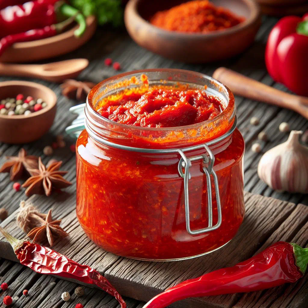 A bowl of deep red ajvar pepper relish with fresh bread