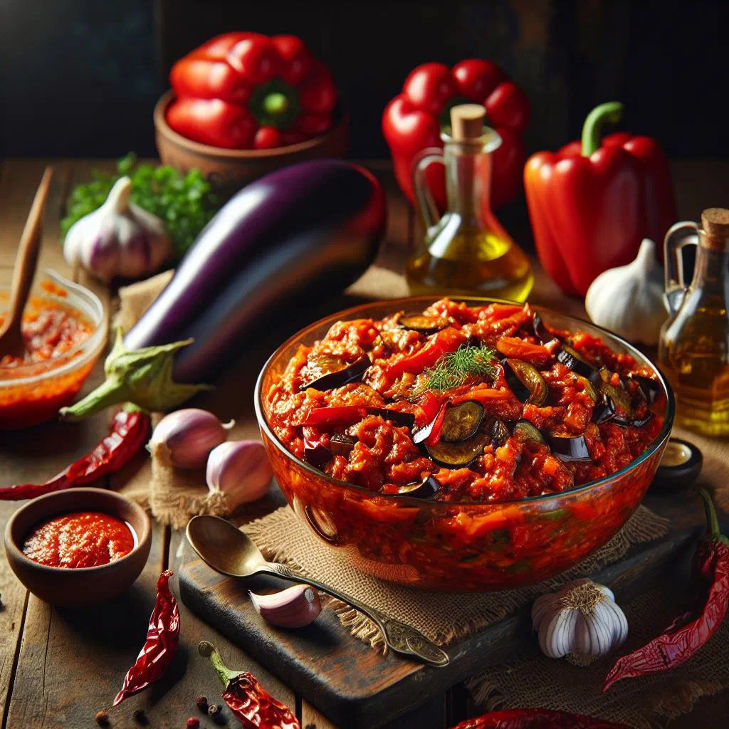 Bowl of deep-red ajvar salad made from roasted peppers and aubergine
