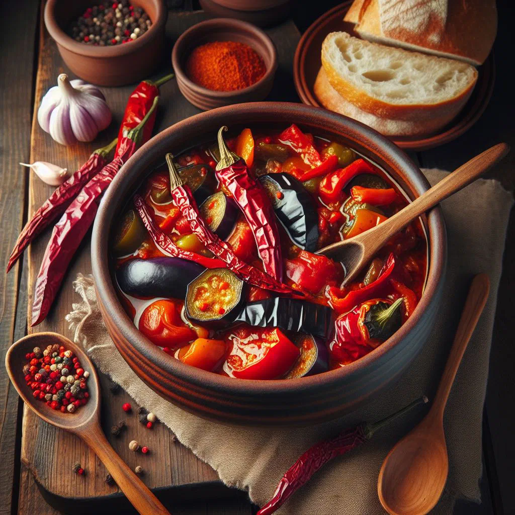 A bowl of Bravčova Pindžur, a red roasted pepper relish garnished with fresh herbs
