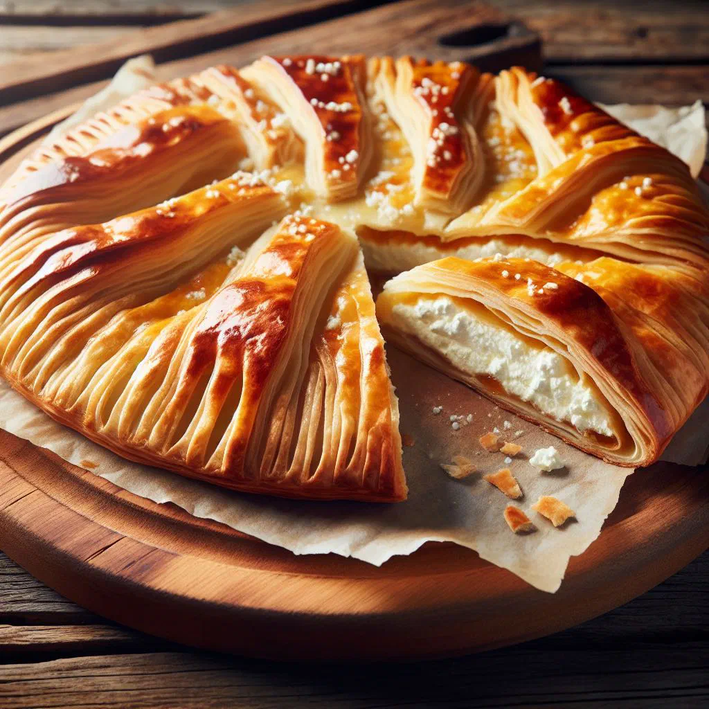 Golden cheese-filled burek pastry cut into pieces on a wooden board