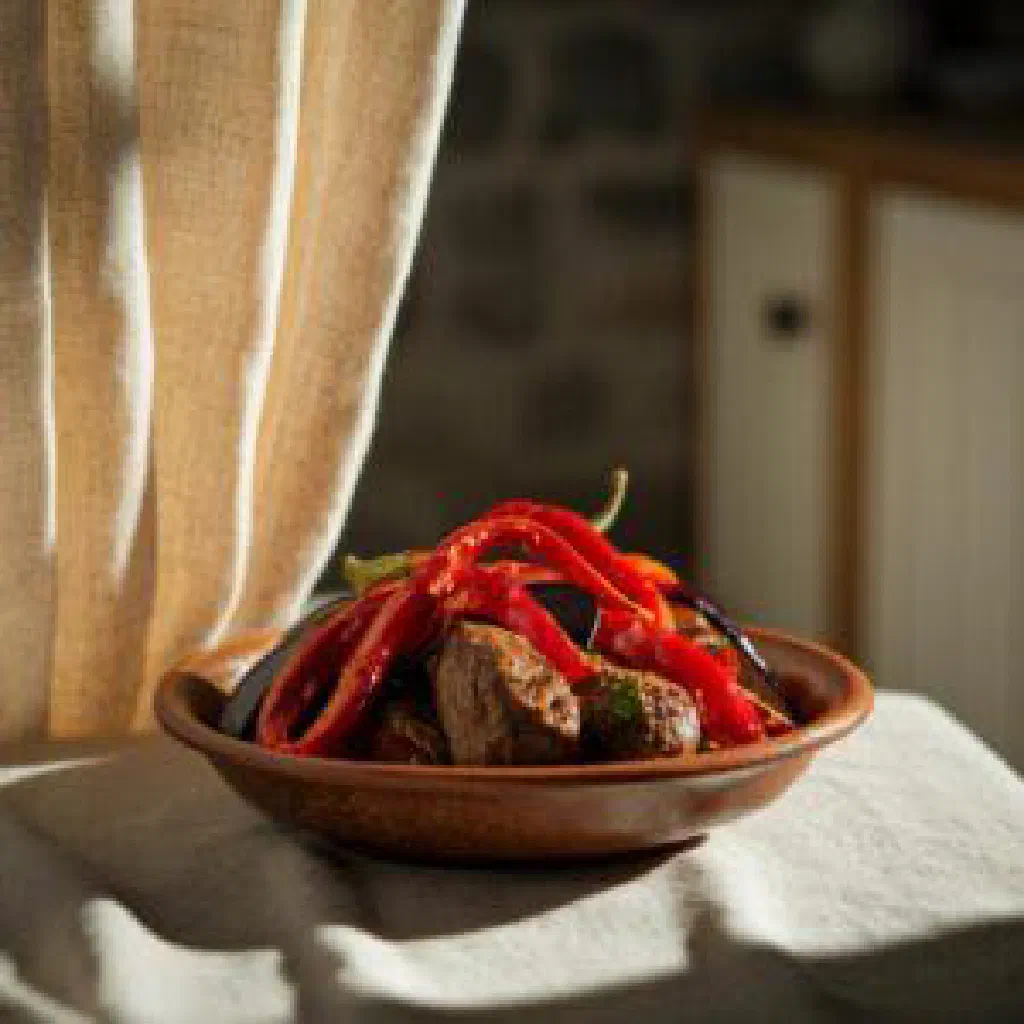 Rustic bowl of Macedonian chomlek stew with tender meat and vegetables