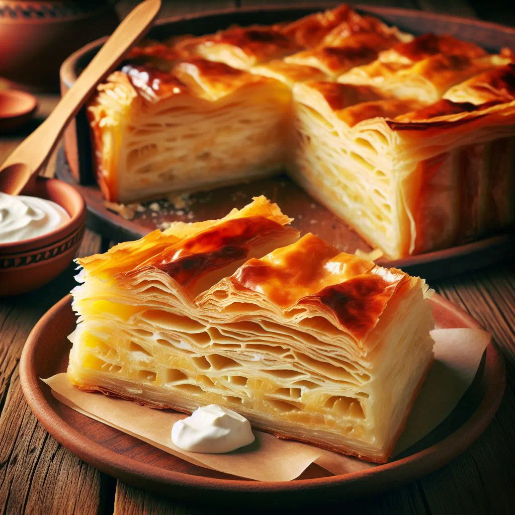 Golden baked gibanica cheese pie cut into squares