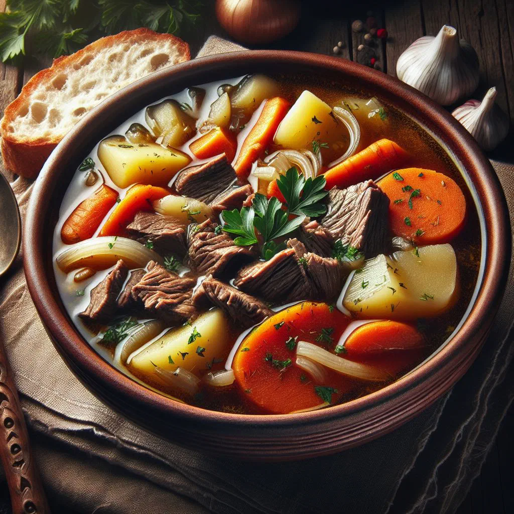 A steaming bowl of Govedja Supa beef soup with vegetables and fresh herbs