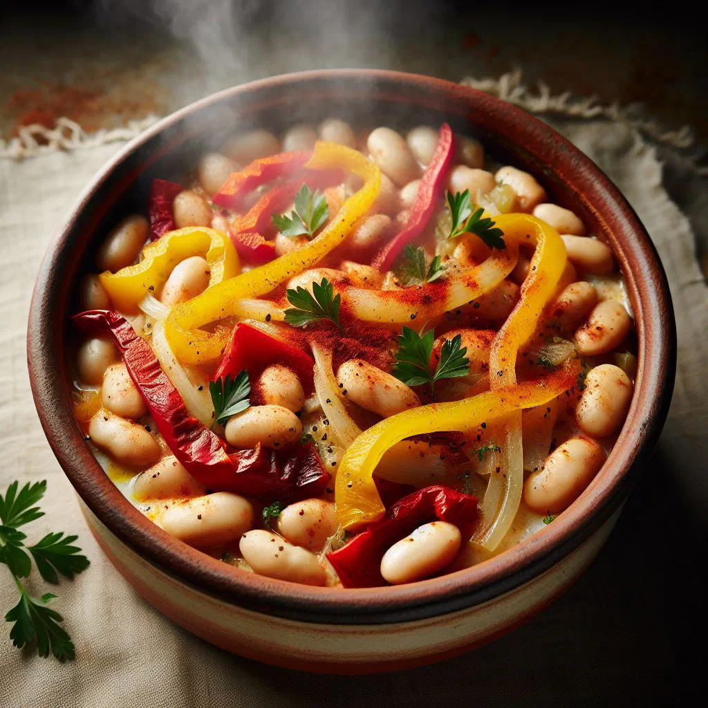 Baked white beans in a rustic clay pot with paprika and herbs