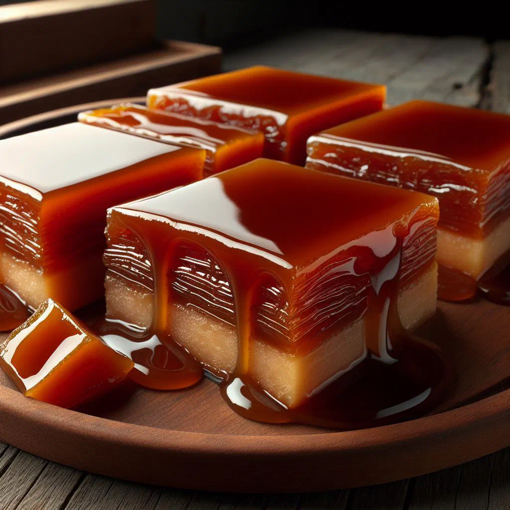 Golden caramel and nut squares cut into neat pieces on a plate