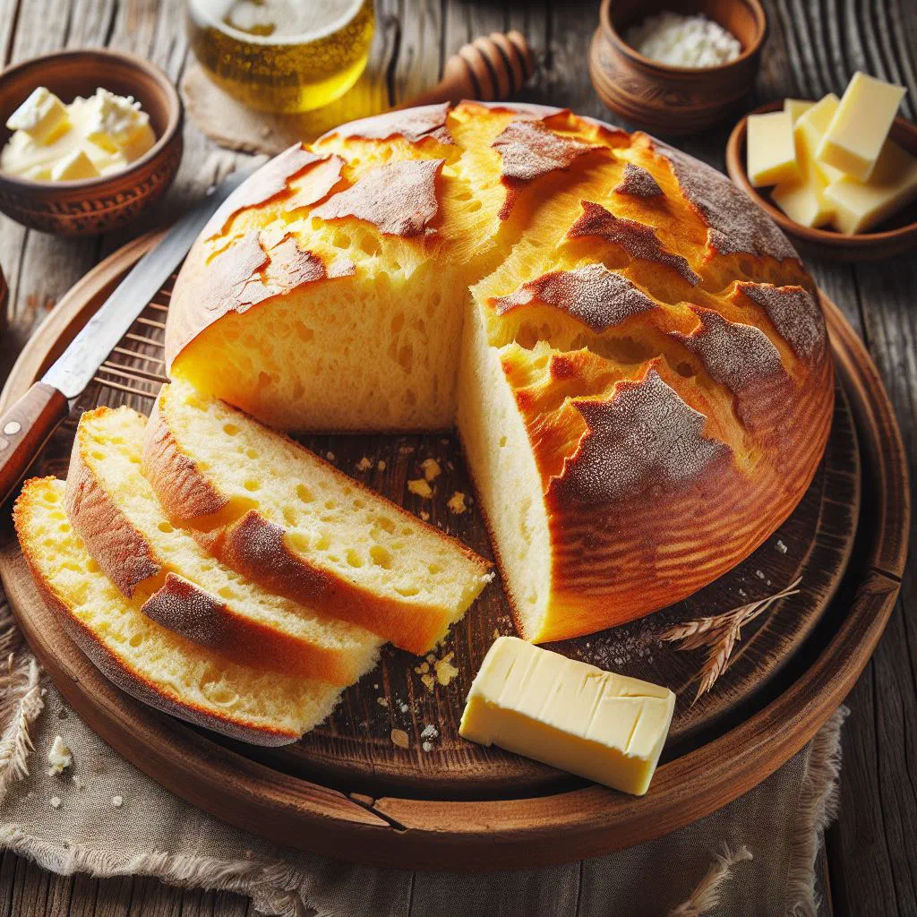 Rustic North Macedonian cornbread loaf, sliced on a wooden board