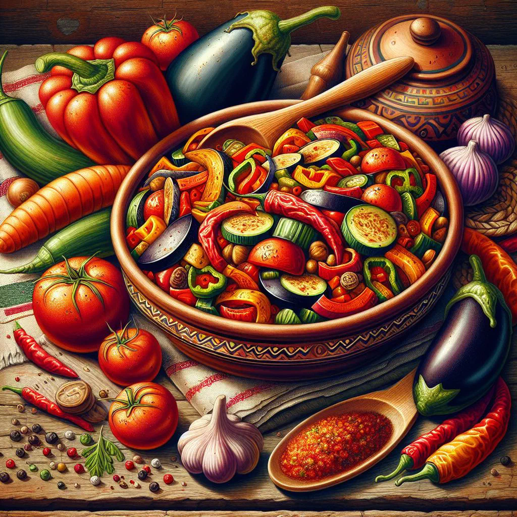 A bowl of deep red ljutenica pepper relish garnished with fresh herbs