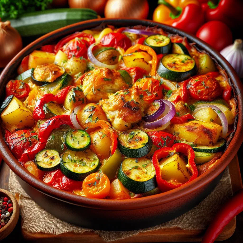 Makedonski Đuveč, a Macedonian stew of meat, peppers and vegetables in an earthenware pot