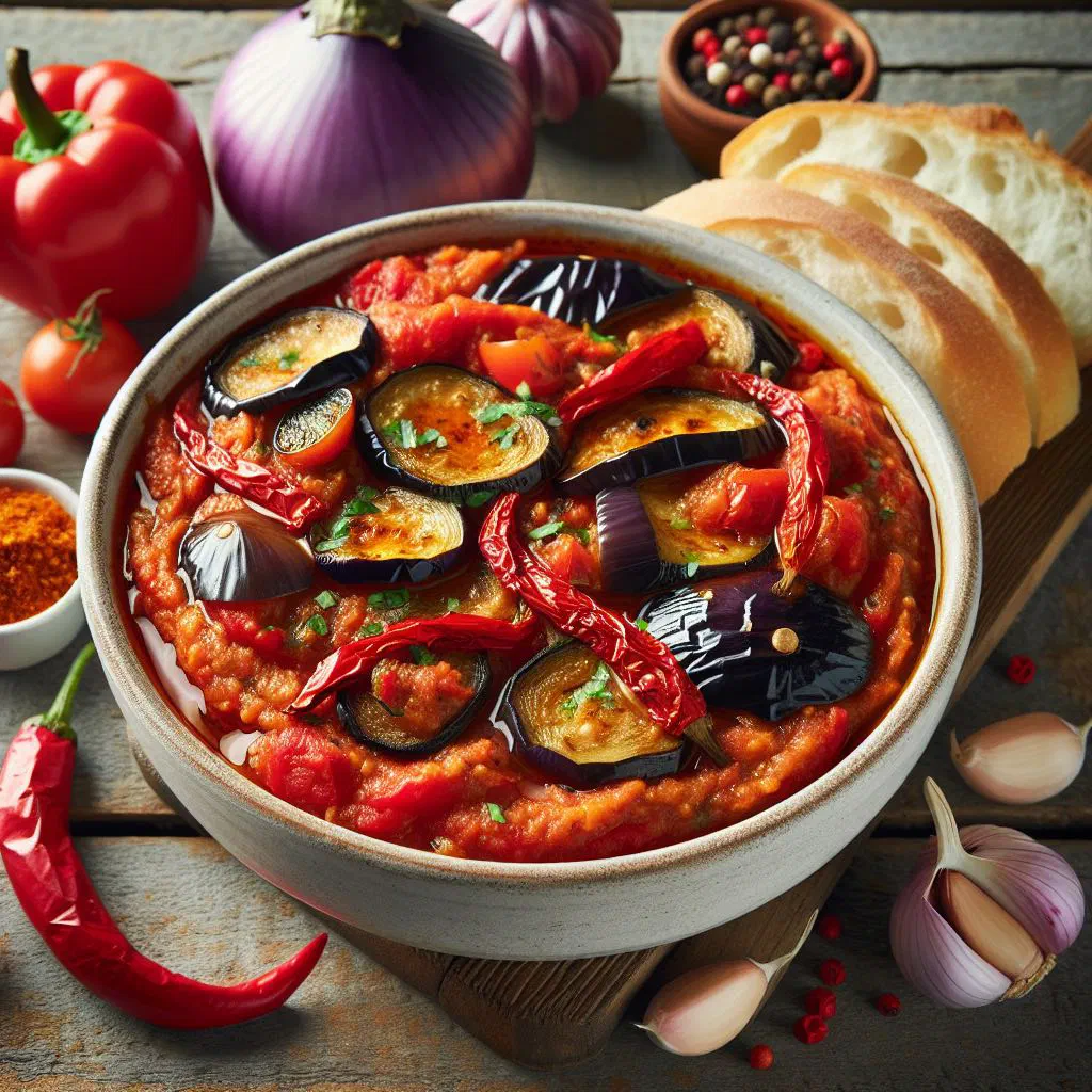 A bowl of Makedonski Pindjur, a thick red pepper and tomato relish, with fresh bread