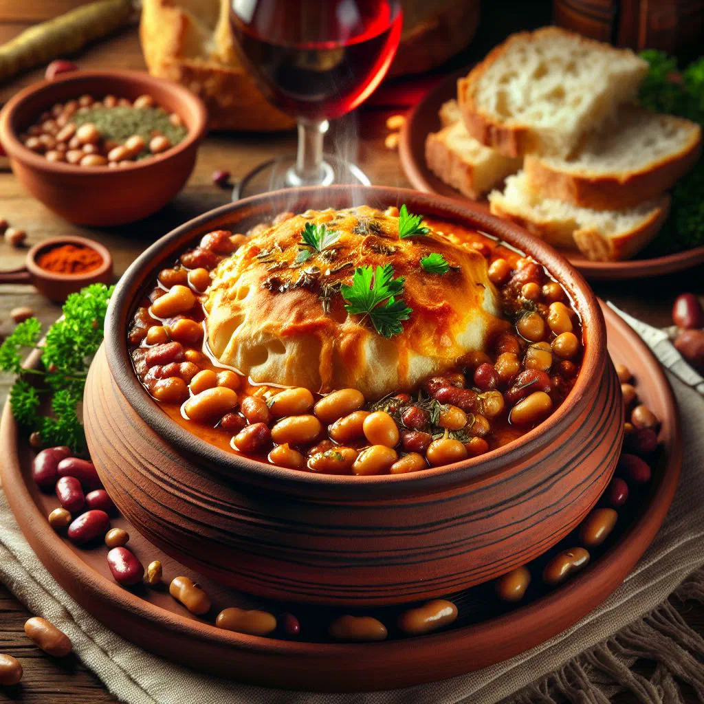 Baked white beans in a clay pan with paprika and herbs
