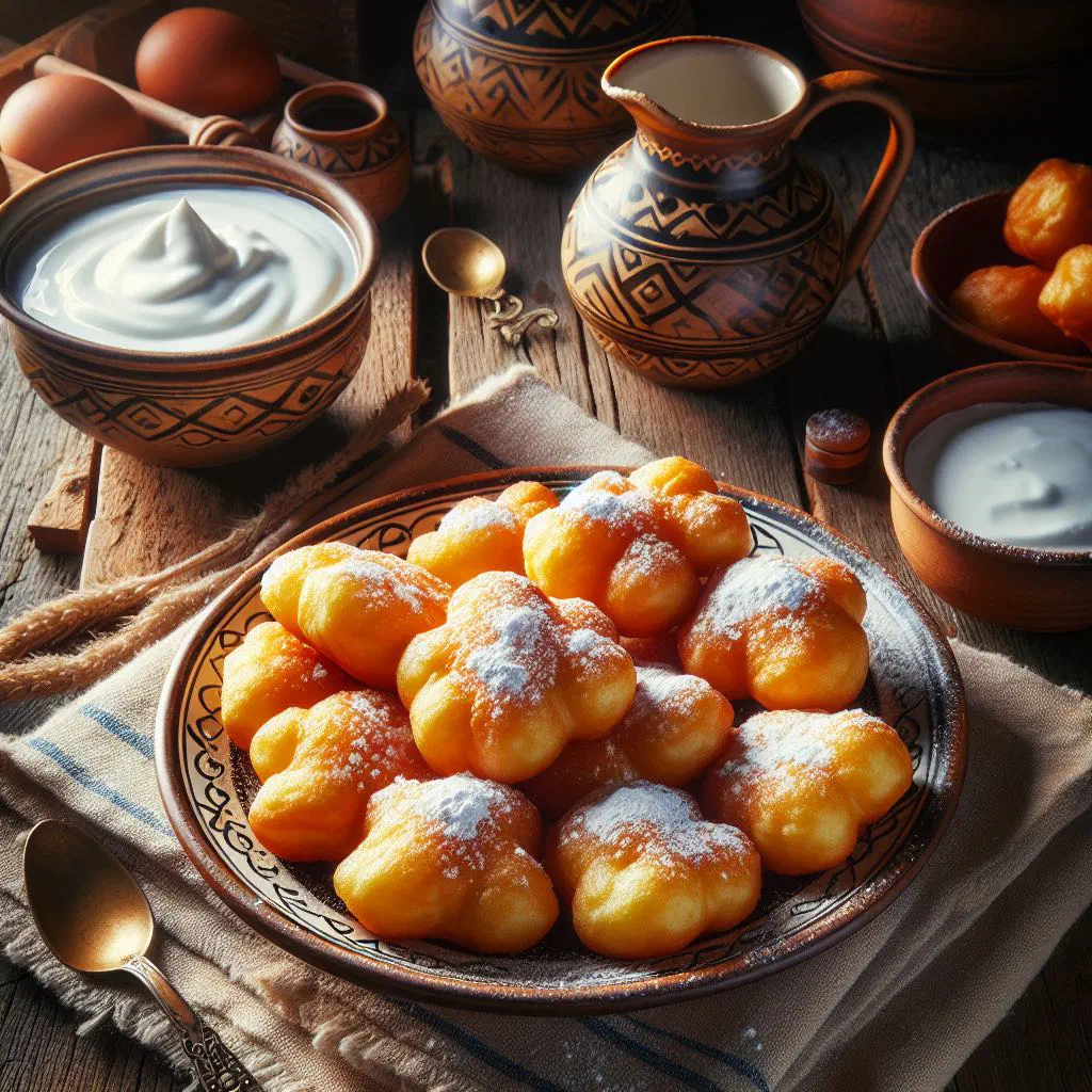 Golden fried mekici dough pieces served with yoghurt