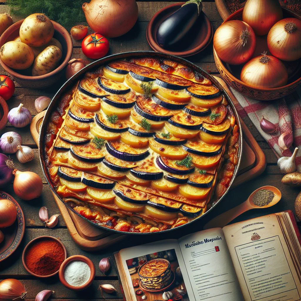 Baked moussaka with layers of aubergine, minced meat and golden béchamel topping
