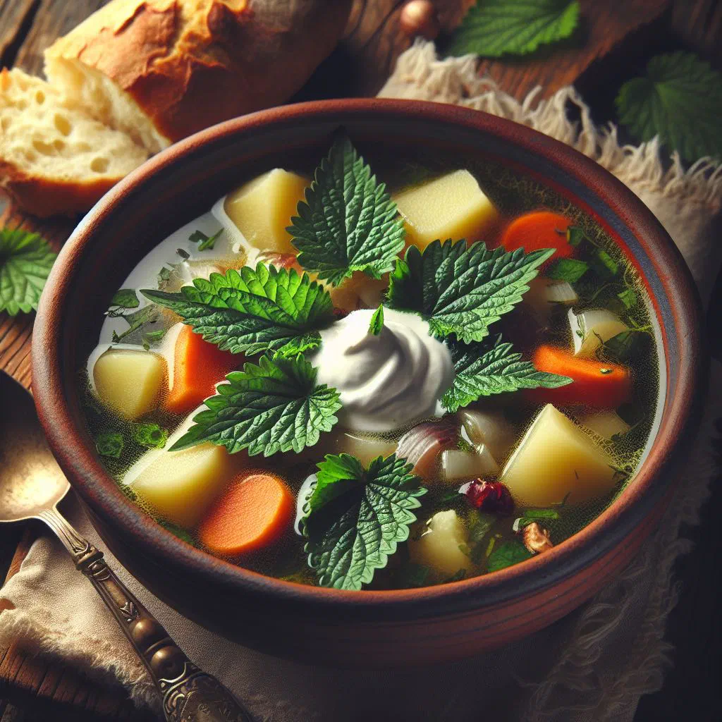 A bowl of Macedonian nettle soup with a slice of lemon