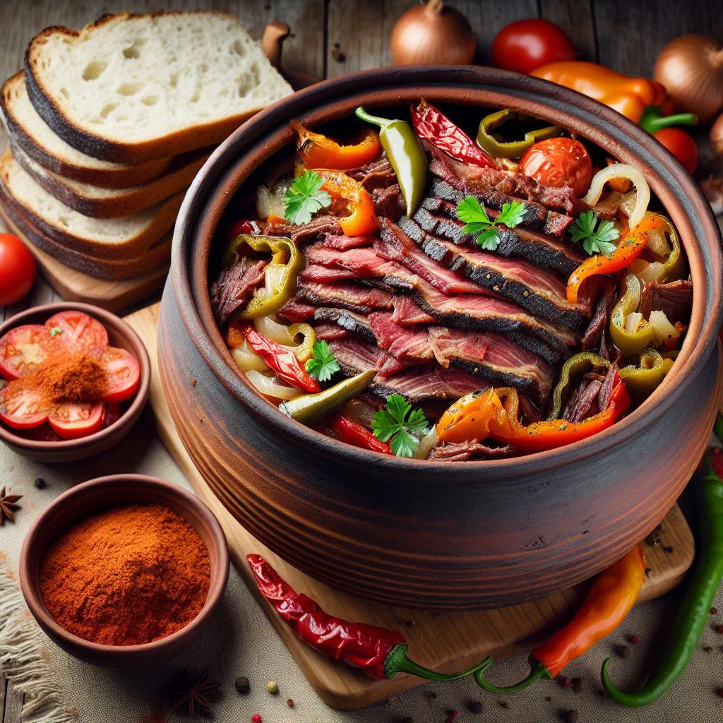 Slow-cooked Pastrma Kašanik with tender meat, carrots and paprika sauce