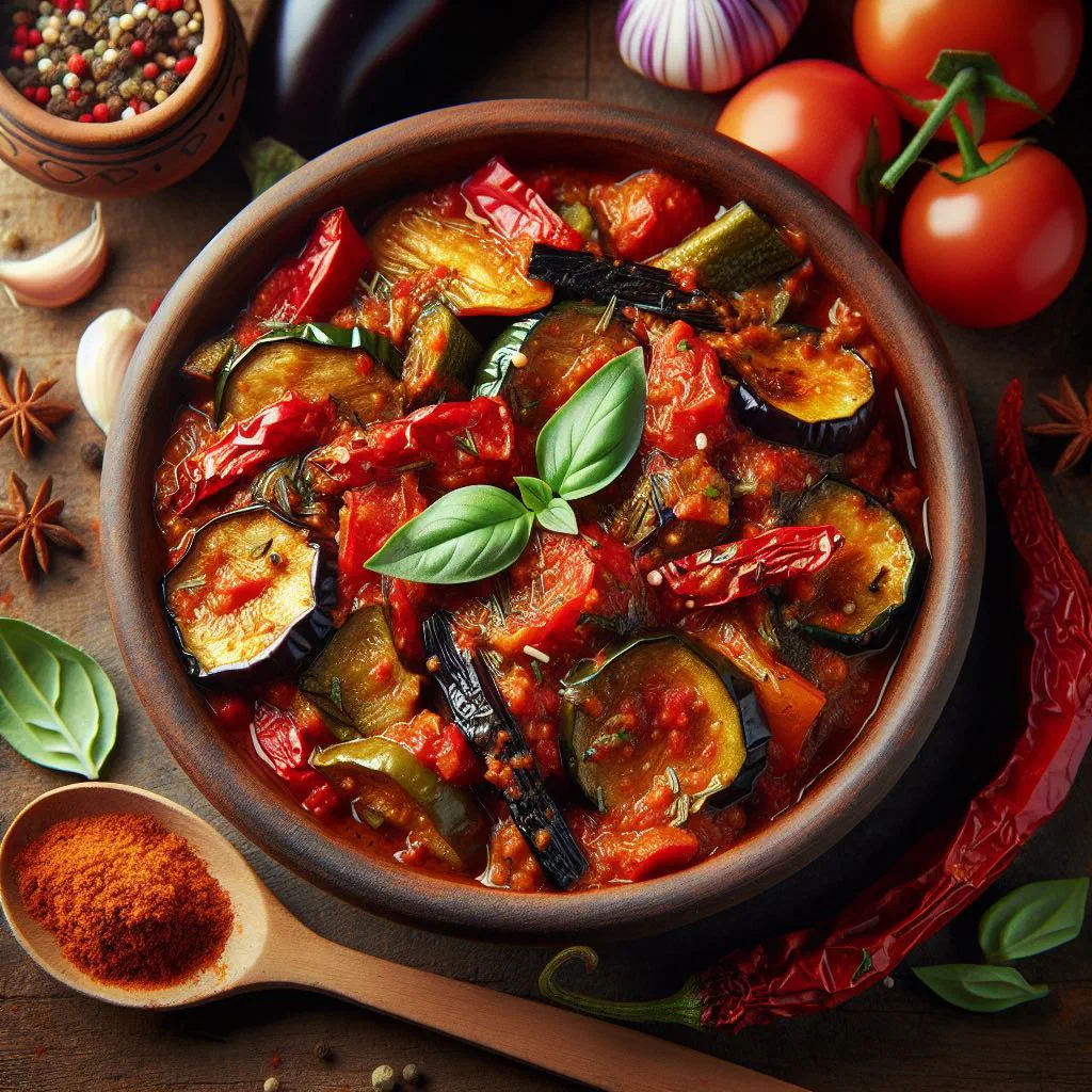A bowl of pindjur, a roasted red pepper and aubergine spread, garnished with parsley