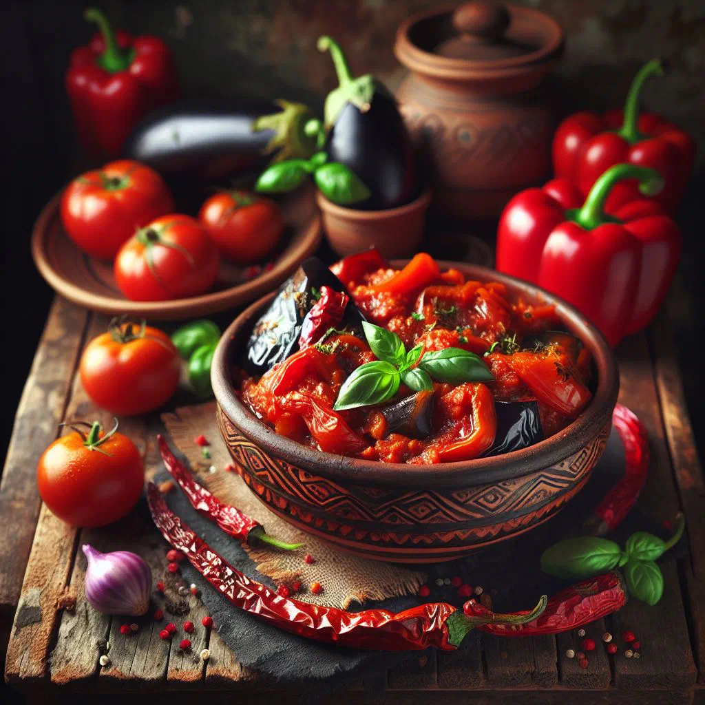 Bowl of Pindjur pepper and tomato relish garnished with fresh herbs