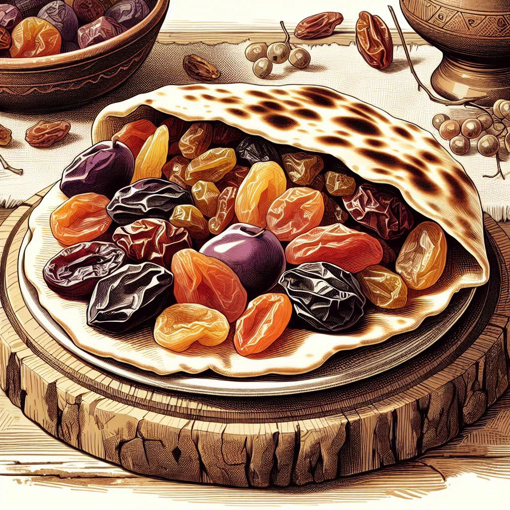 Golden dried-fruit pastry dusted with icing sugar on a wooden board
